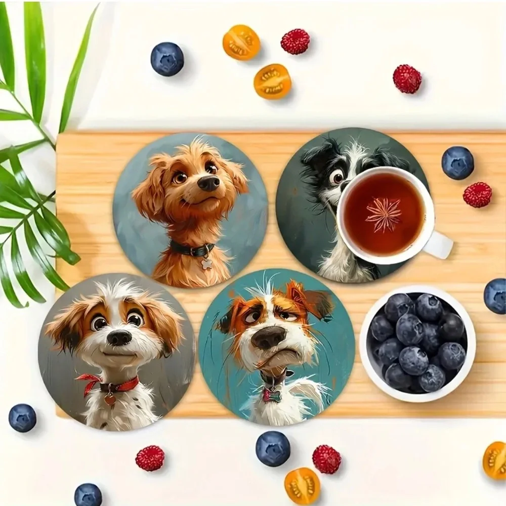 Funny Assorted Breed Dog Faces Wooden Coasters,  Set of 6